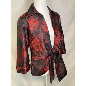 Mishca Whimsy Goth Y2K Blouse S Red Floral Open Tie Front 3/4 Sleeve Career New